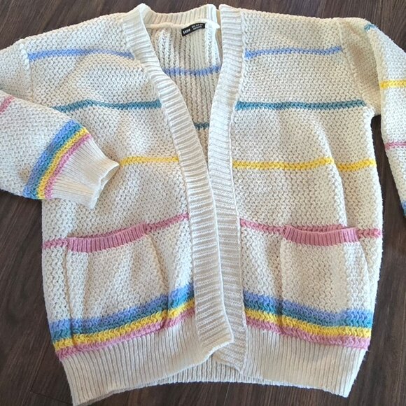 SHEIN Cream & Pastel Striped Long-Sleeved Cardigan Sweater NWOT/SIZE M - Picture 1 of 5
